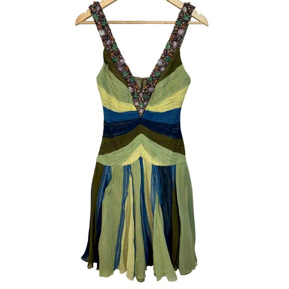 Mandalay Dresses & Skirts - NWT Mandalay Quartz Green Blue Silk Beaded Sequin Midi Evening Gown Dress Size 6